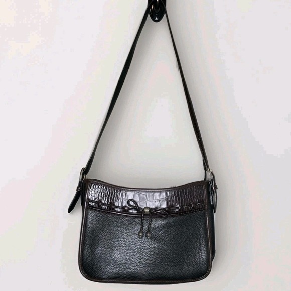Vtg Brighton Emma Braided Bow Black Brown Croc Leather Shoulder Handbag - Picture 1 of 12